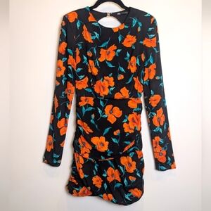 Zara Black Orange Floral Open Back Mini Dress Long Sleeve Date Night Size Small